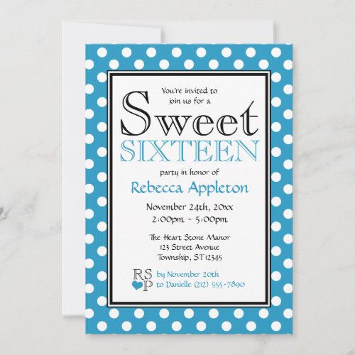 Polka Dot Blue &amp; White Sweet Sixteen Invitations
