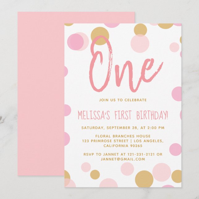 Polka Dot Blush Pink Confetti Sprinkle Birthday Invitation (Front/Back)