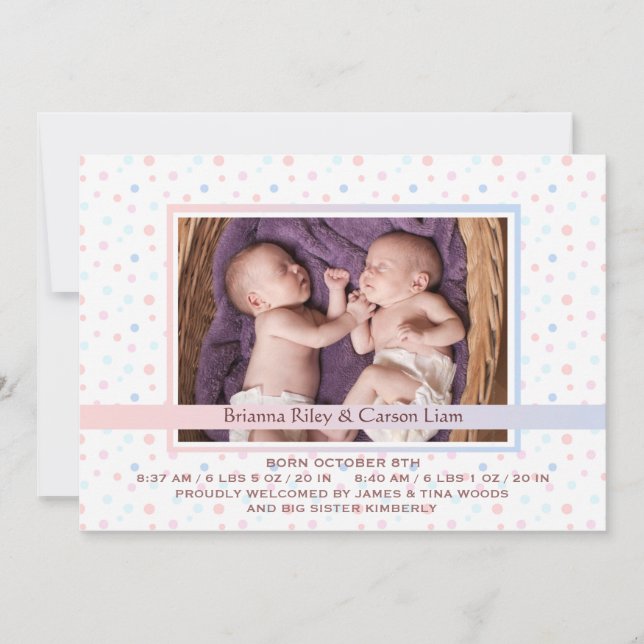 Polka Dot Border Mix Photo Birth Announcement (Front)