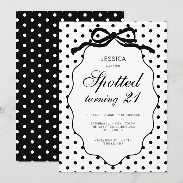 Polka Dot Bow Spotted Turning 21st Birthday Party Invitation (Front/Back)