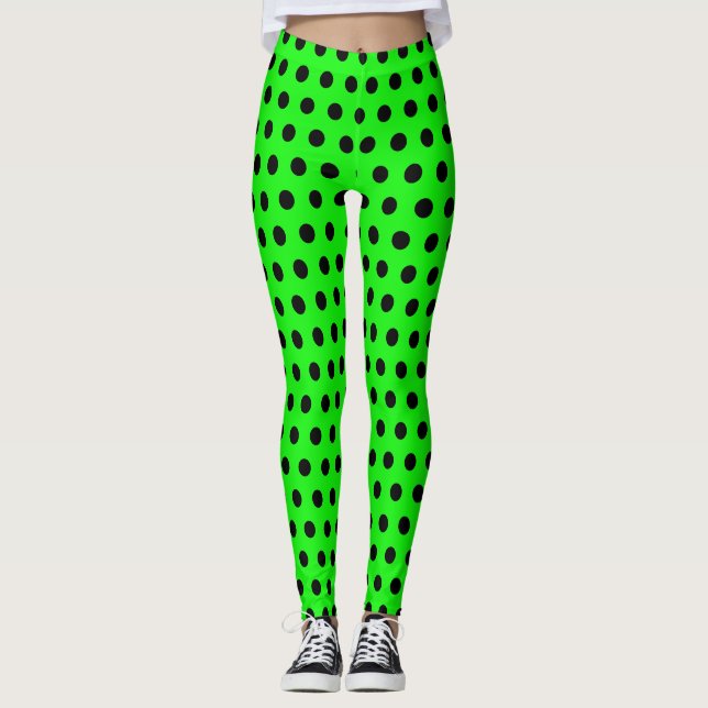 Polka Dot Bright Lime Green and Black Leggings (Front)