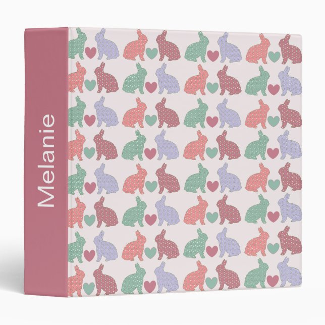 Polka Dot Bunnies Pattern on Pink Personalised 3 Ring Binder (Front/Spine)