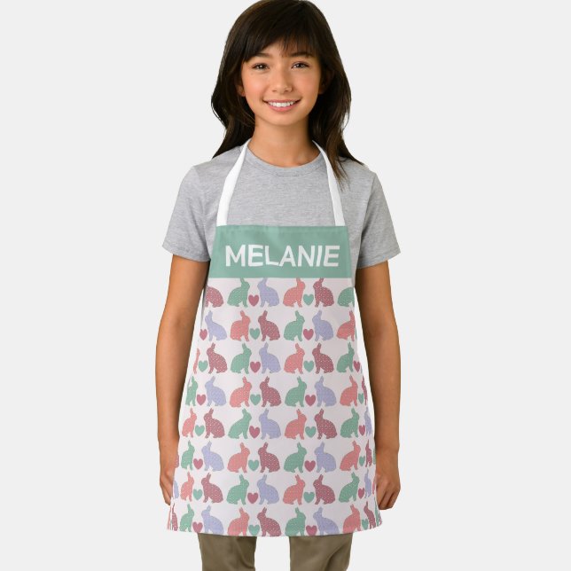 Polka Dot Bunnies Pattern on Pink Personalised Apron (Insitu)