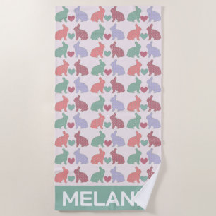 Polka Dot Bunnies Pattern on Pink Personalised Beach Towel
