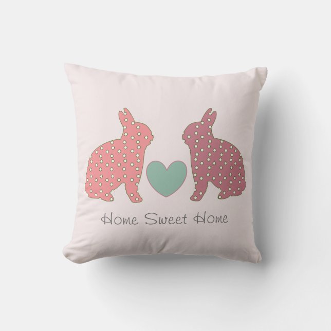 Polka Dot Bunnies Pink Home Sweet Home Throw Pillow (Front)