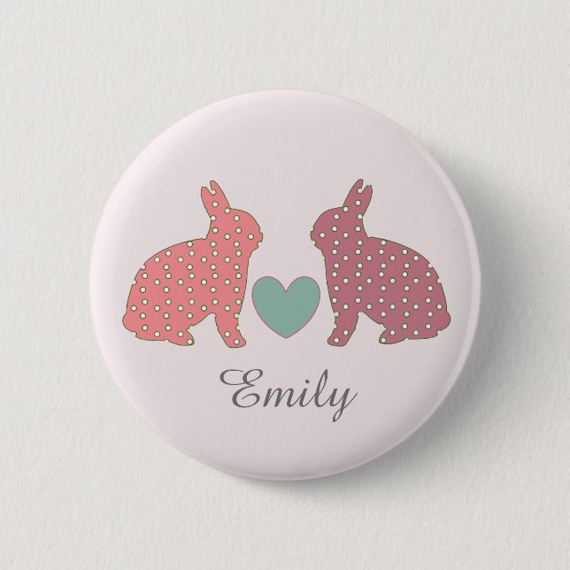 Polka Dot Bunnies Pink Personalised Button (Front)