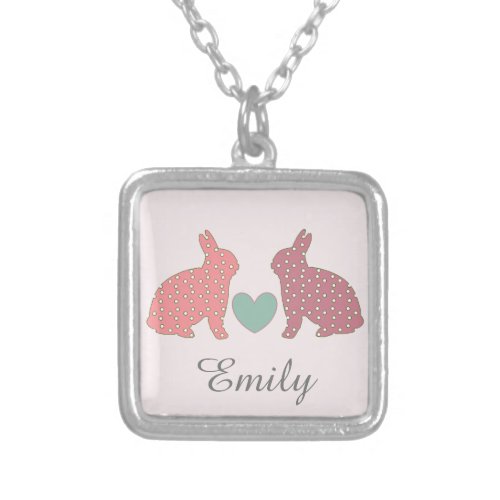 Polka Dot Bunnies Pink Personalised Silver Plated Necklace