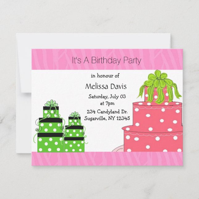 Polka Dot Cake and Presents Birthday Invitation (Front)