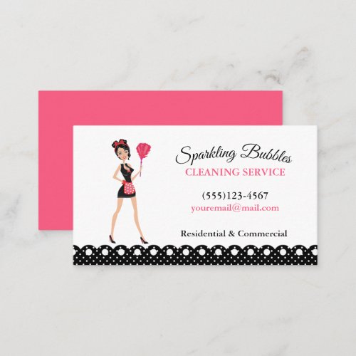 Polka Dot Cartoon Maid House Cleaning Service   Business Card