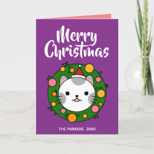 Polka Dot Cat Wreath Purple Merry Christmas Photo Holiday Card