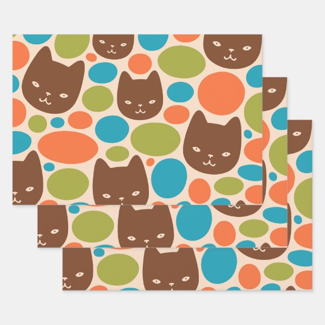 Polka Dot Cats Pattern Wrapping Paper Sheets (Set)