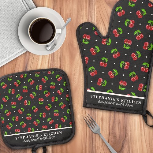 Polka Dot Cherries Black Personalized Oven Mitt &Amp;Amp; Pot Holder Set