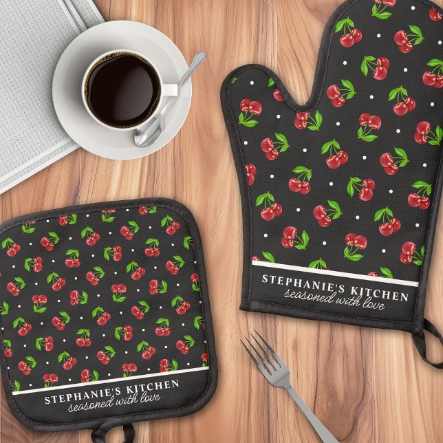 Polka Dot Cherries Black Personalized Oven Mitt & Pot Holder Set (Creator Uploaded)