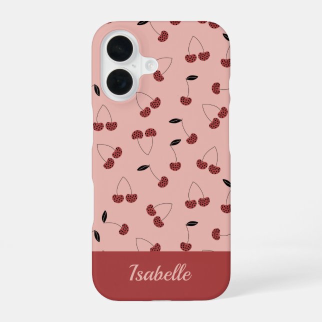 Polka dot cherry fruit pattern with custom name iphone case (Back)