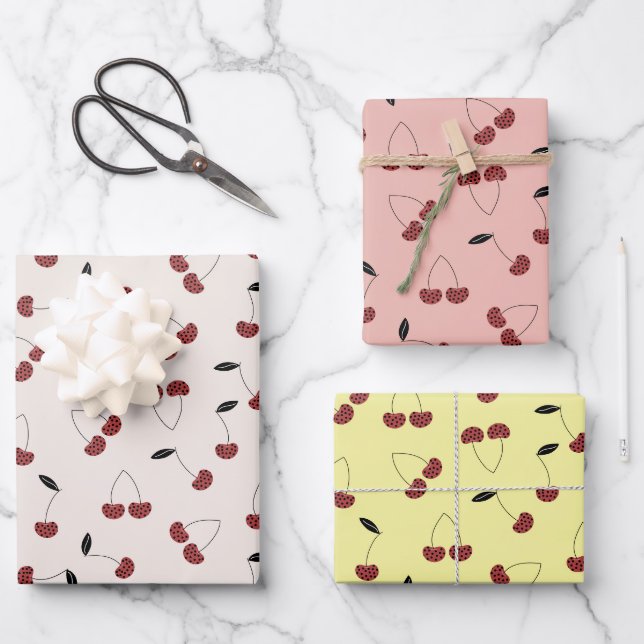 Polka Dot Cherry Pattern Cream White Yellow Pink Wrapping Paper Sheets (Front)