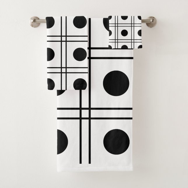 Polka Dot Circle Black and White Check Pattern Bath Towel Set (Insitu)
