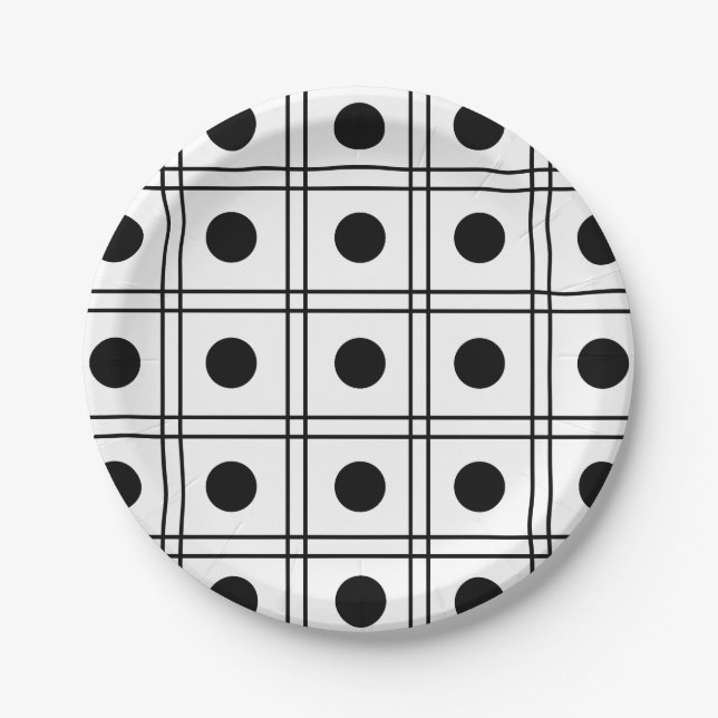 Polka Dot Circle Black and White Check Pattern Paper Plates (Front)