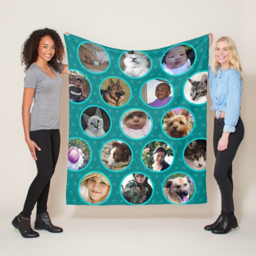 Polka Dot Collage Teal Blue Pets Kids 17 Photo Fleece Blanket