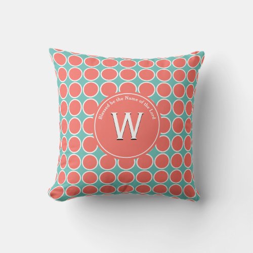 POLKA DOT Coral Blue Customized Monogram Scripture Throw Pillow