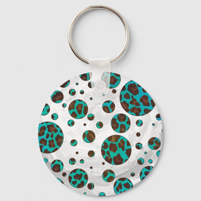 Polka Dot Cow Brown and Teal Print Keychain (Front)