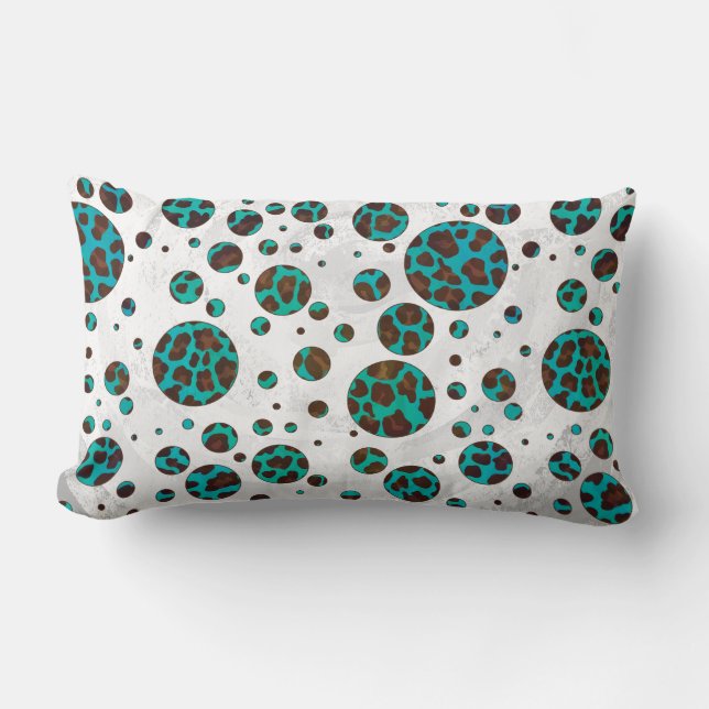 Polka Dot Cow Brown and Teal Print Lumbar Pillow (Front)