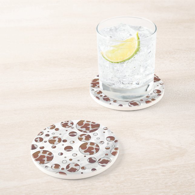 Polka Dot Cow Brown and White Print Sandstone Coaster (Side)