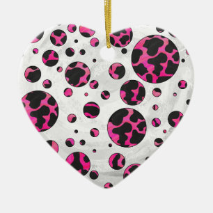 Polka Dot Cow Hot Pink and Black Print Ceramic Ornament