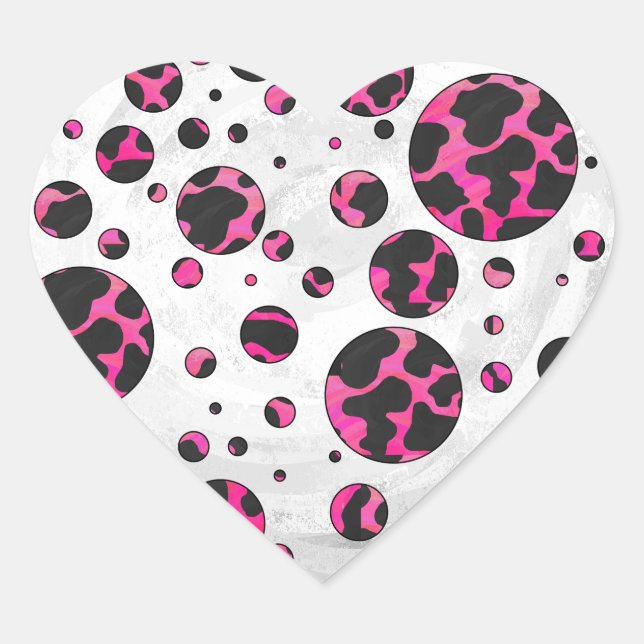 Polka Dot Cow Hot Pink and Black Print Heart Sticker (Front)
