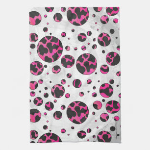 Polka Dot Cow Hot Pink and Black Print Kitchen Towel