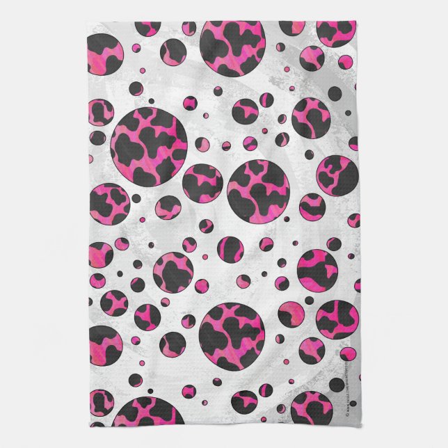 Polka Dot Cow Hot Pink and Black Print Kitchen Towel (Vertical)