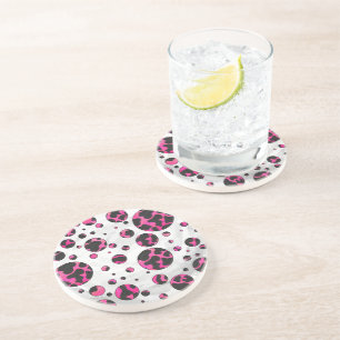 Polka Dot Cow Hot Pink and Black Print Sandstone Coaster