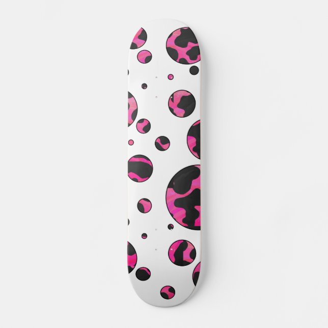 Polka Dot Cow Hot Pink and Black Print Skateboard (Front)