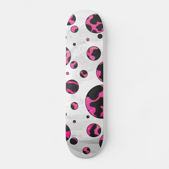 Polka Dot Cow Hot Pink and Black Print Skateboard Deck (Front)
