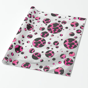 Polka Dot Cow Hot Pink and Black Print Wrapping Paper