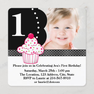 Polka Dot Cupcake Girls Photo 1st Birthday Party Invitation
