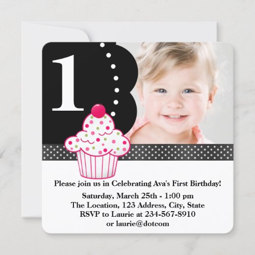 Polka Dot Cupcake Girls Photo 1st Birthday Party Invitation