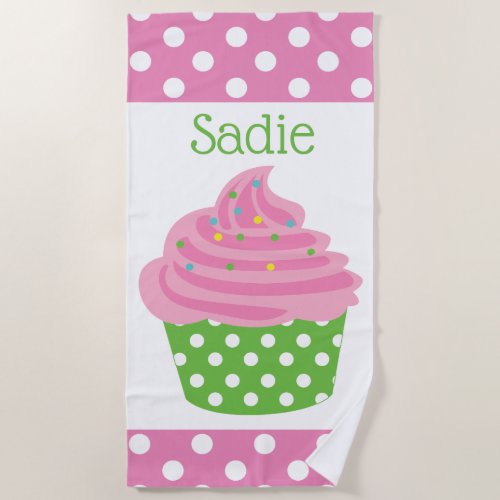 Polka Dot Cupcake Personalized Beach Towel