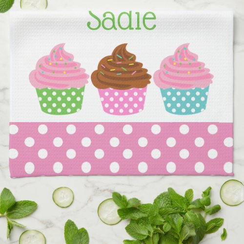 Polka Dot Cupcakes Personalized Kitchen Towel