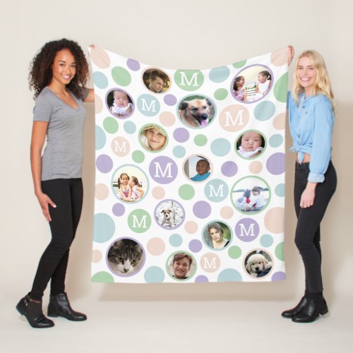 Polka Dot Cute Pastels Monogram 14 Photo Collage Fleece Blanket