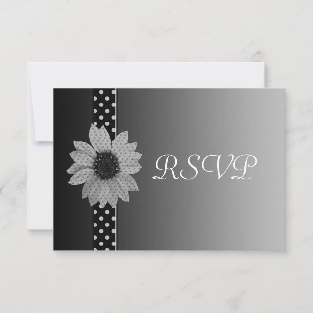 Polka Dot Daisy Grey & Black Wedding RSVP Card (Front)