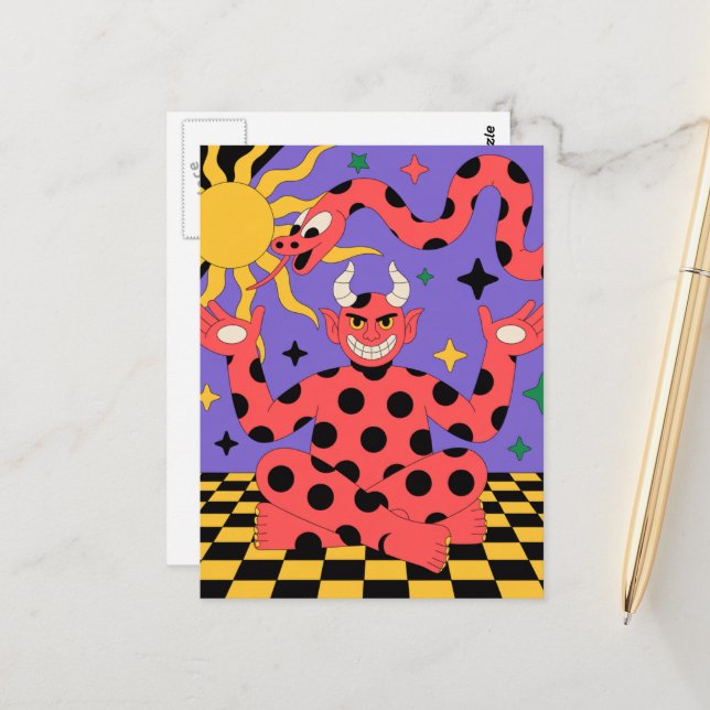 Polka Dot Devil and Snake Checkered Floor Postcard (Front/Back In Situ)