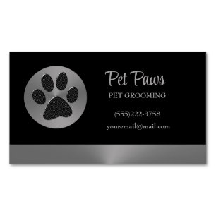 Polka Dot Dog Paw on Silver Pet Grooming Service Business Card Magnet