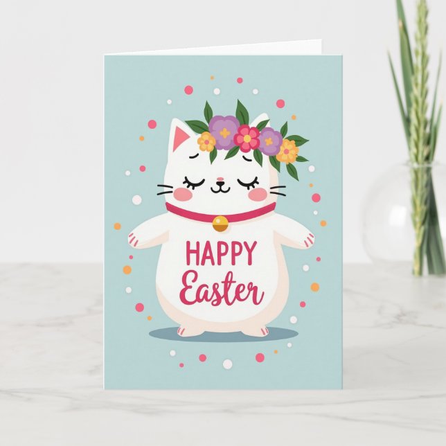 Polka Dot Easter Cat Card (Front)