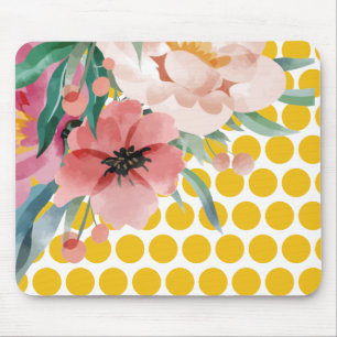 Polka Dot Floral Mousepad with Watercolor Flower