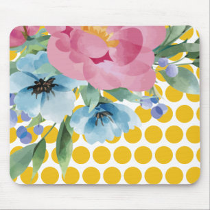 Polka Dot Floral Mousepad with Watercolor Flower