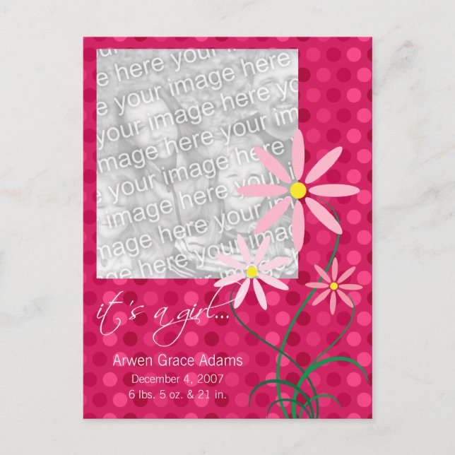 Polka Dot Flower Photo Birth Announcement (Front)