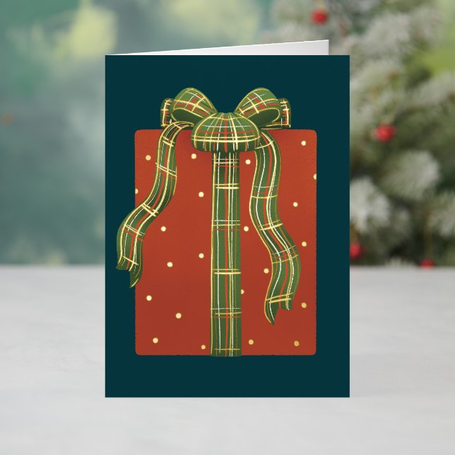 Polka Dot Gift Box Plaid Ribbon Foil Holiday Card (Holiday In Situ)