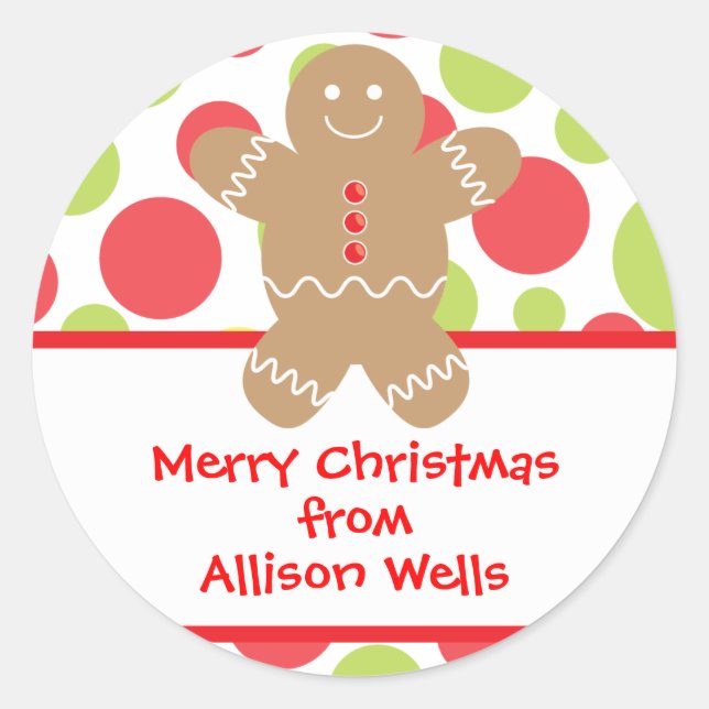 Polka Dot Gingerbread Man Christmas Gift Sticker (Front)