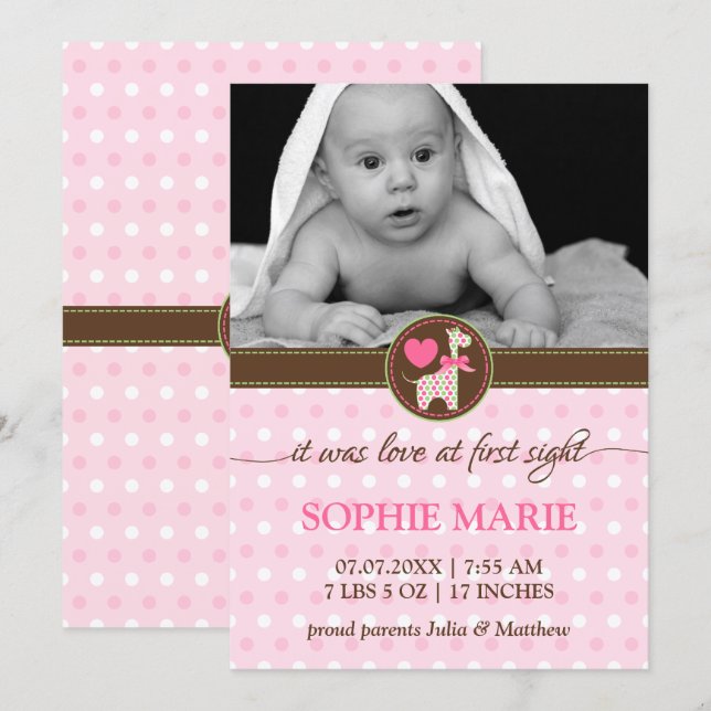 Polka Dot Giraffe Baby Photo Birth Announcement (Front/Back)