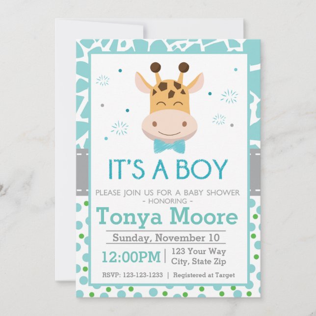 Polka Dot Giraffe Baby Shower Invitation (boy) (Front)